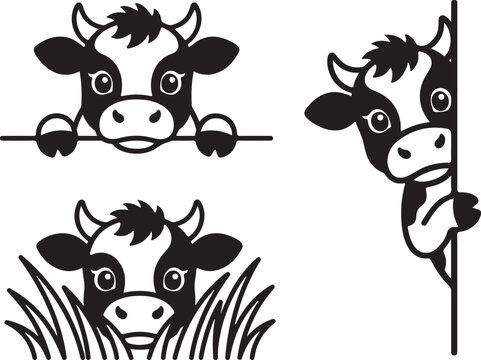 Black and white cow character set for farm animal nursery wall art