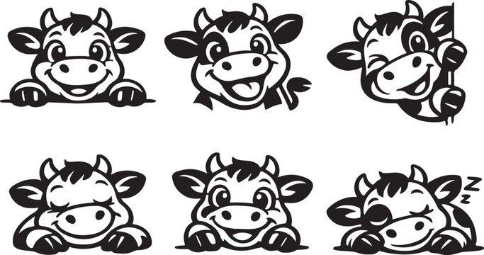 Cute cartoon cow faces collection for sticker and craft projects