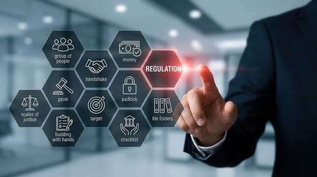The concept of corporate governance, financial disclosure, and business ethics, shown by a hand touching Regulation on a screen.