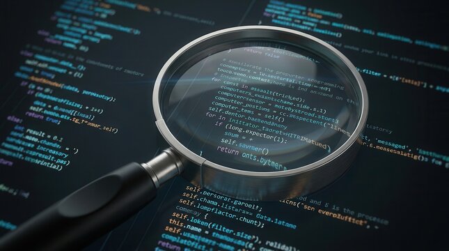 Analyzing digital threats and incidents with a magnifying glass over glowing computer code.