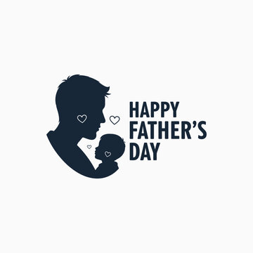 Happy father day logo style illustration with silhouette of dad and child profiles surrounded by small floating hearts for modern family branding and greeting card decorations, social media post.
