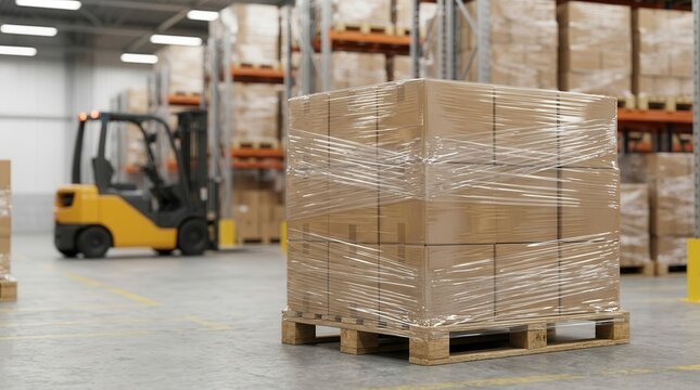 Inside a modern warehouse, a wrapped pallet with clear stretch film ensures load protection for shipping.