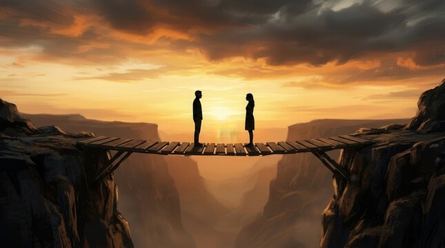 A therapeutic relationship bridge: two figures connect across a narrow span between dramatic sunset cliffs, representing trust and mutual support.