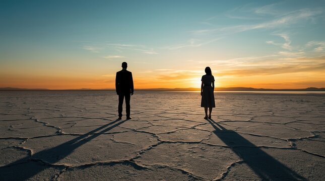 Sunset scene depicting a silhouetted couple standing apart on a vast plain, representing divorce mediation, negotiation, and separation.