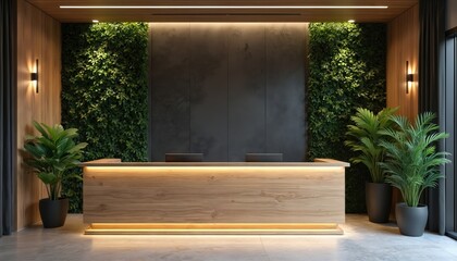 Obraz premium Modern reception area with wooden desk, illuminated counter, and vertical green plant walls. Two computers sit on desk under soft lighting. This space blends nature and contemporary office design.
