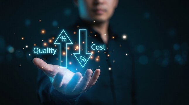 Implementing quality control, a strategy is shown to decrease budget costs with a down arrow and enhance product and service quality with an up arrow.