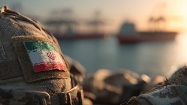 Soldier's uniform with Iranian flag in foreground and cargo ships in background at port during sunset