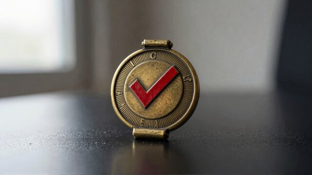 A gold medal with a red checkmark in the center on a table