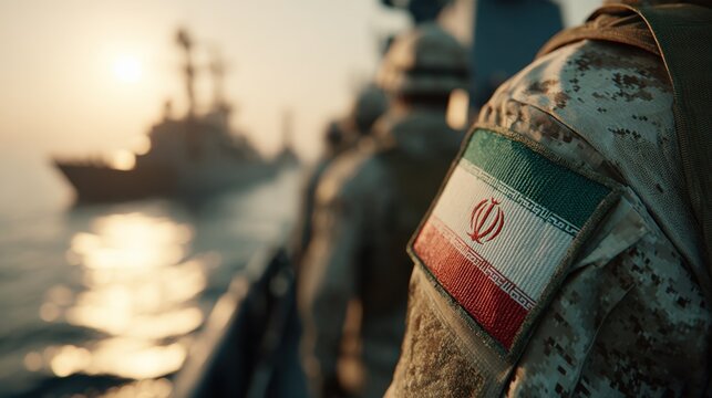 Iranian military personnel on a naval ship near sunset at sea with warm light reflecting on water and ships in background