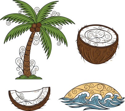 Tropical beach summer elements including palm tree and coconut art