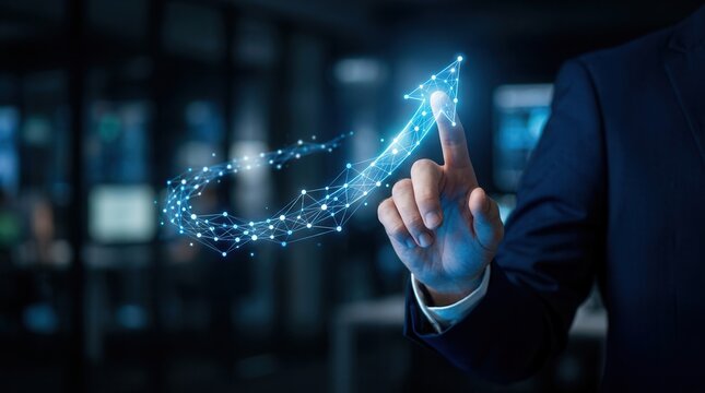 Symbolizing change management transformation and strategic leadership, a hand guides a glowing digital arrow swirl towards an upward direction.