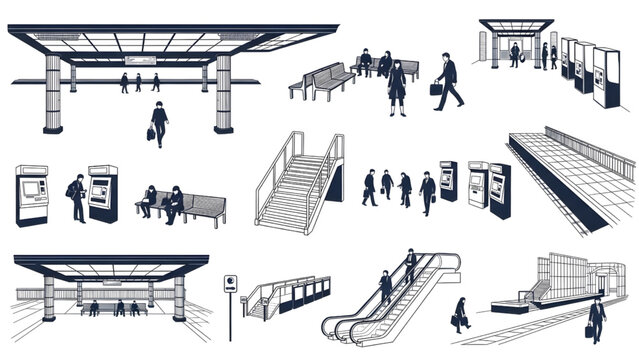 Top-Down Subway Station Commuters Architectural Blueprint Human Activity Vector Set, Duotone Style Illustration, Clean White Background