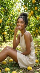 Fototapeta premium Gorgeous young Black woman wearing a light linen dress sitting on the ground in a beautiful sunlit lemon orchard. She smiles happily while surrounded by vibrant green foliage and fresh fruit.