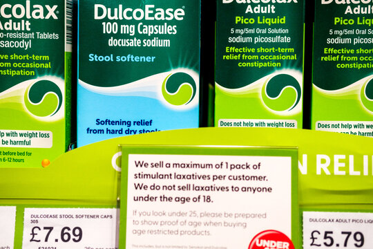 Display of Dulcease Liquid and Capsule Stool Softner And Constipation Relief Medication