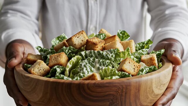 Person holding a large wooden bowl filled with fresh green lettuce and croutons in a bright kitchen setting with natural light and a white shirt