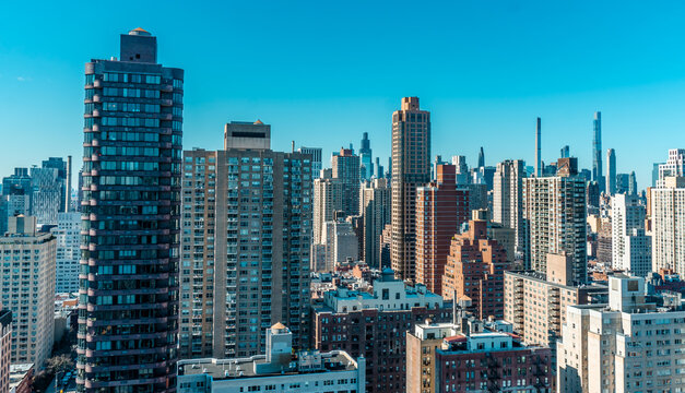 Panorama view of skyscrapers and high-rise residential towers on the Upper East Side (Yorkville) in New York City