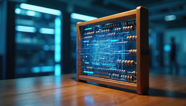 Traditional abacus meets futuristic digital data visualization. Old counting tool displays glowing blue circuit pattern and abstract tech graphic. Modern science meets ancient tool.