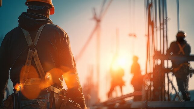 Construction workers on a job site during sunset wearing essential personal protective equipment (PPE), including hard hats and safety harnesses silhouette. 