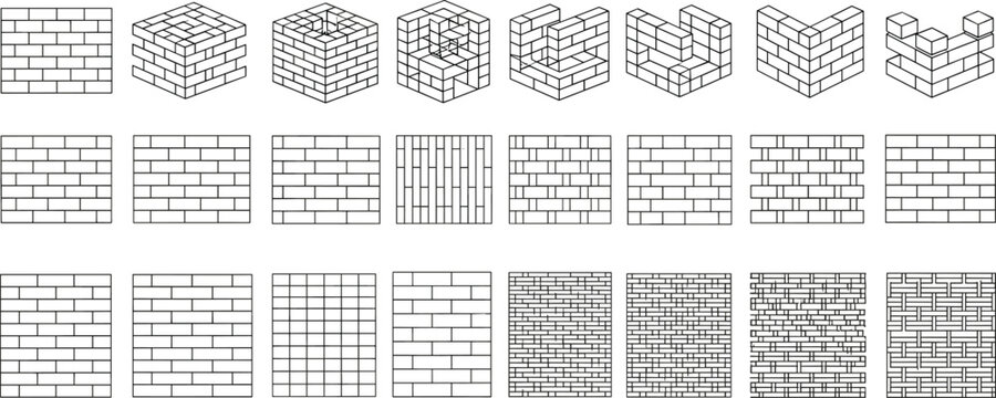 Brick Wall Patterns Set with Different Masonry Textures and Isometric Structures for Construction Design Architecture Background and Building Material Illustration