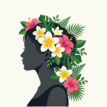Beautiful woman silhouette with tropical floral bouquet hair profile