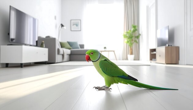 A vibrant green parrot perches on a light-colored wood floor, in a modern, sunlit living area, looking alert