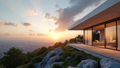 Obraz premium Modern house on mountain cliff at sunset. Large glass windows reveal interior with furniture. Cityscape below, dramatic sky above, natural rocks and green grass surround dwelling.