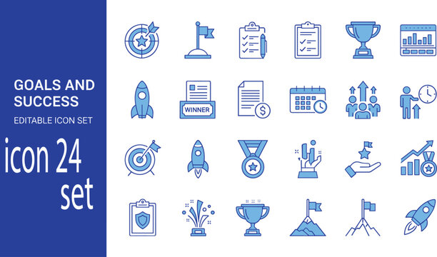 Goals and success line icon set minimal outline vector achievement target growth strategy editable UI design pack