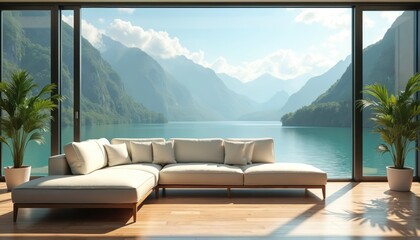 Fototapeta premium Modern living room with sectional sofa, plants, and large window overlooking serene mountain lake. Bright sunlight streams into airy space with natural wood floor.