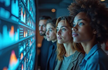 Fototapeta premium Diverse group analyzes data charts on large futuristic screen. Team members discuss strategy, insights, planning future business growth. Professionals collaborate using advanced tech in modern office.