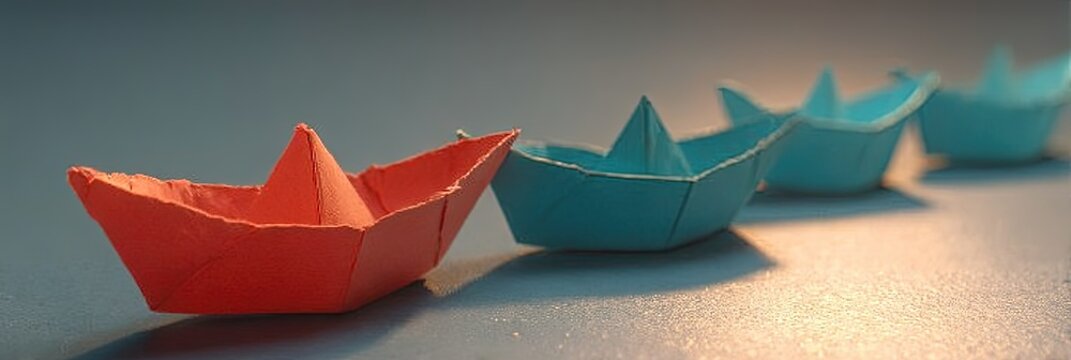Paper Boats on Plain Background Red Leading Blue Fleet