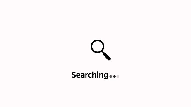 Animated magnifying glass icon on a screen with searching text information scan on white background. Searching written below it to denote an active information scan
