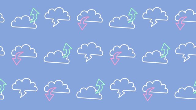 Seamless pattern of cloud computing icons with status indicators in an abstract background animation. Flat design cloud storage wallpaper with upload and download arrows. Colorful cloud network banner