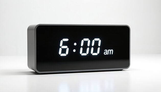 Modern digital alarm clock shows 6 AM. Simple rectangular device glows bright numbers on black display. It marks start of day, wake up time for work or school.