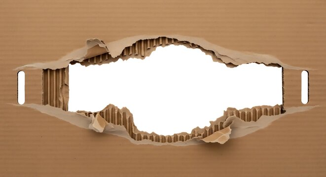 A large, jagged hole torn through the center of a brown corrugated cardboard sheet