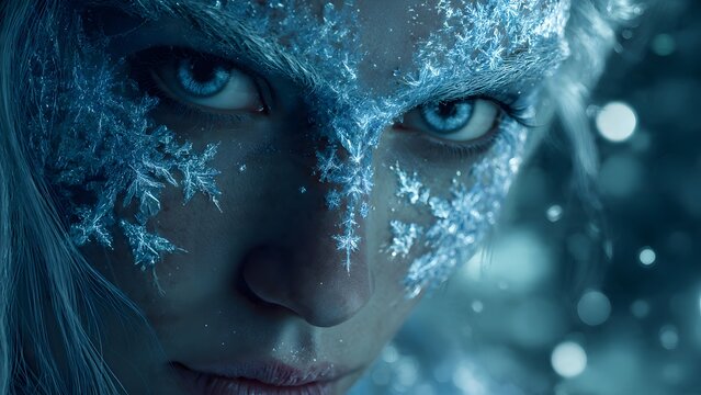 Enchanting Winter Queen with Frosty Makeup and Blue Eyes
