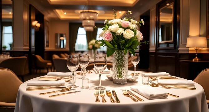 A luxurious dining table setup featuring elegant glassware, gold cutlery, and a crystal vase with fresh flowers. Warm lighting enhances the refined fine dining atmosphere in a high-end interior