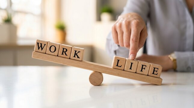 Balancing Act: The image showcases the concept of work-life balance, as a person's finger gently tips the scales of wooden blocks reading 'WORK' and 'LIFE'.