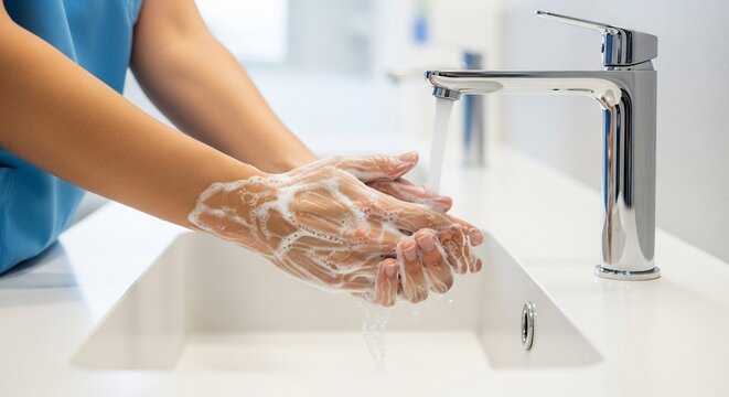 Close-up of a person washing hands thoroughly with soap and water in a white bathroom sink, promoting hygiene and cleanliness.