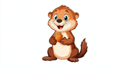 Obraz premium Cute otter character holding shell, smiling joyfully. This adorable design captures playful spirit of otters, perfect for stickers