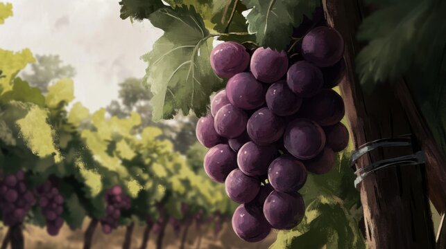 Ripe Purple Grapes Hanging in a Lush Vineyard