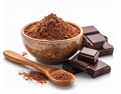 Cocoa powder with dark chocolate pieces for baking ingredient concept and dessert preparation background
