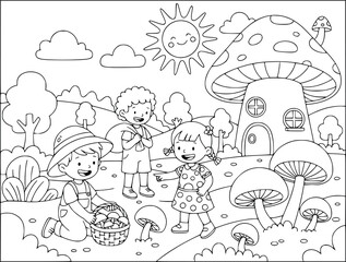 Fototapeta premium Mushroom house coloring page with happy children in a fantasy garden