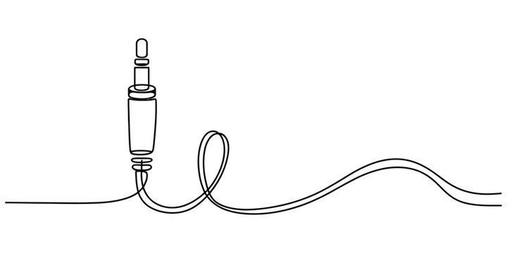 Minimalist continuous line art of a headphone jack plug and a wavy cable on a plain background. Vector, illustration