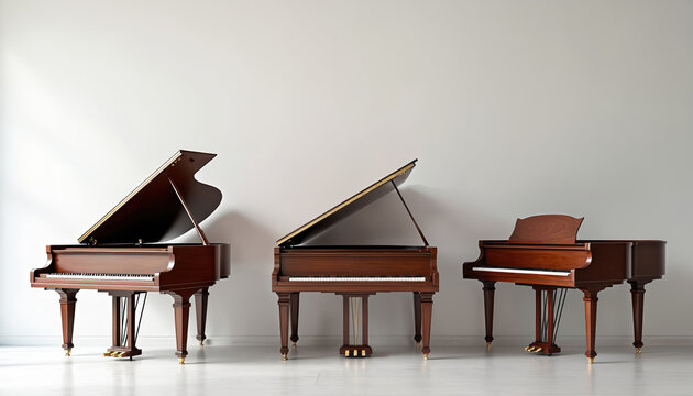 Three brown wooden pianos of different sizes stand in row against white wall. Grand, spinet, console pianos display polished wood grain, brass hardware, ivory keys. Musical instruments in minimalist