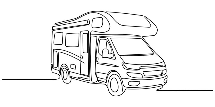 Continuous line drawing of a modern motorhome for road trip and travel adventures Vector, illustration