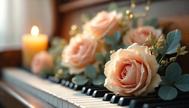 Pastel roses and greenery arranged on piano keys with soft candle light. Elegant floral decor creates romantic mood for home or event. Peaceful ambience with music notes and bloom.