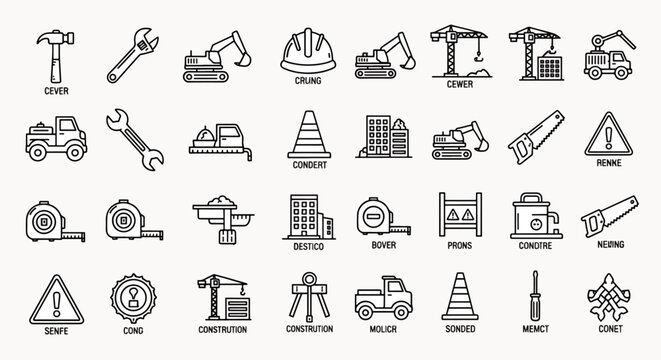 Construction equipment and tools icons set, featuring excavator, crane, truck, hard hat, wrench, saw, and measuring tape symbols