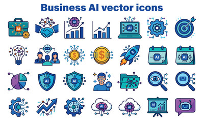 Fototapeta premium Artificial intelligence business icon set for digital transformation projects, machine learning symbols, automated corporate graphics, tech workflow illustrations.