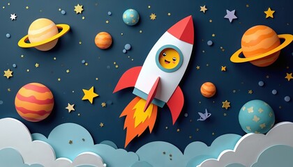 Naklejka premium Paper rocket flies through colorful planets and stars in dark cosmos. Cute cartoon face smiles from spaceship window. Childrens craft art design.