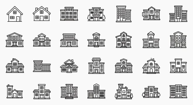 Collection of Various Building Icons Representing Different Architectural Styles and Housing Types, Outline Style